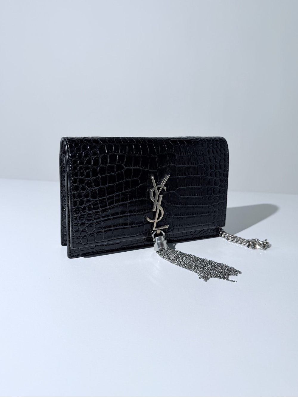 YSL Crocodile Kate Bag Black Croc-Embossed Tassel Clutch Chain Strap